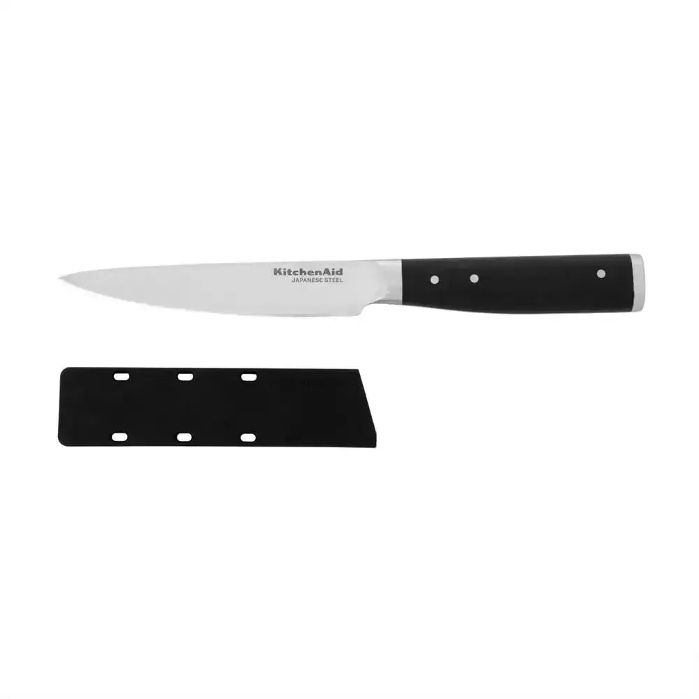 Kitchen knife with black handle and blade sharpener on a white background
