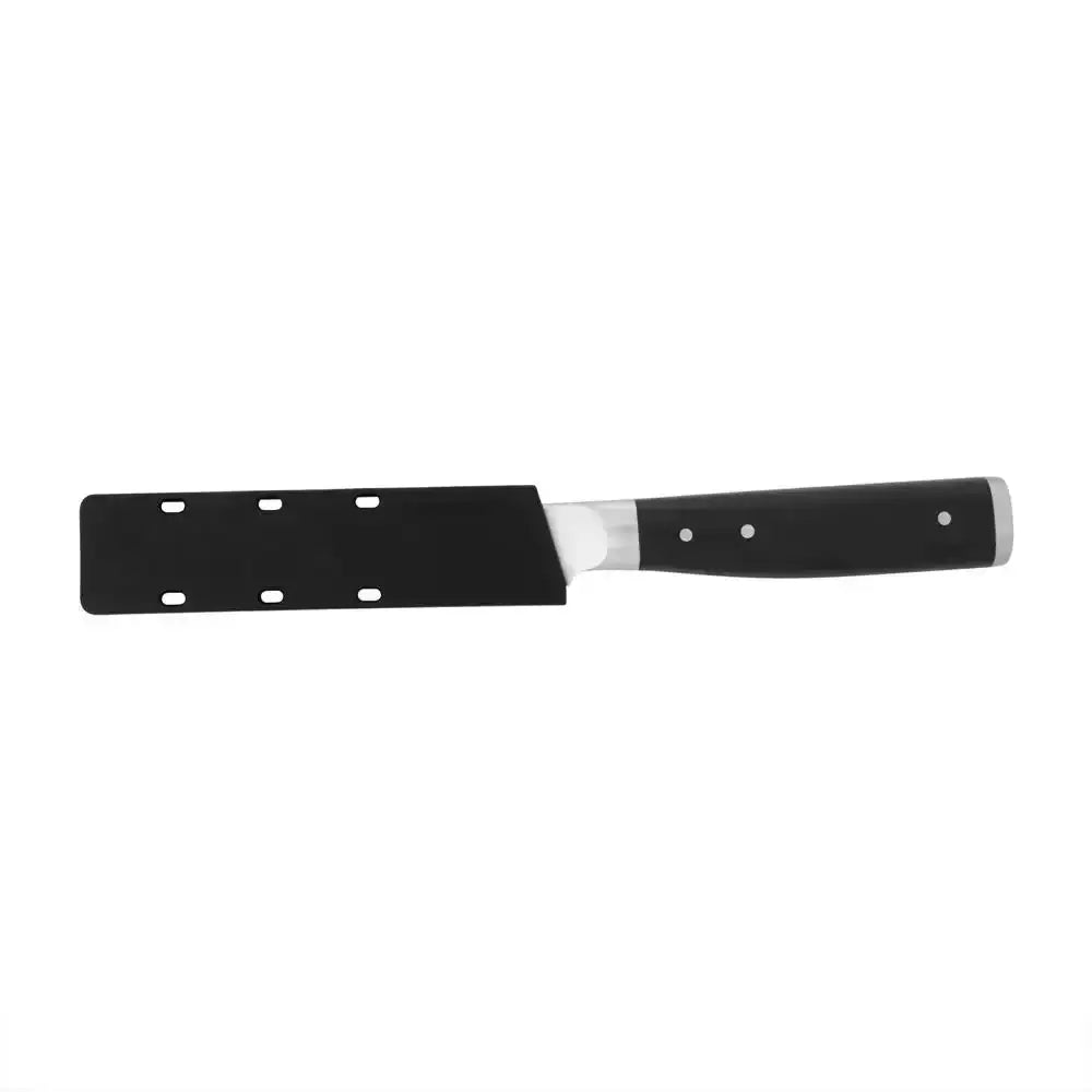 Black spatula with a flat blade on a white background