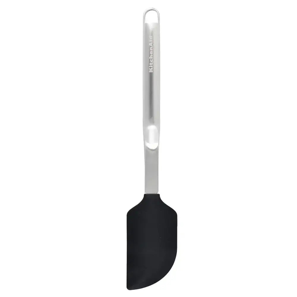 Black spatula with a silver handle on a white background