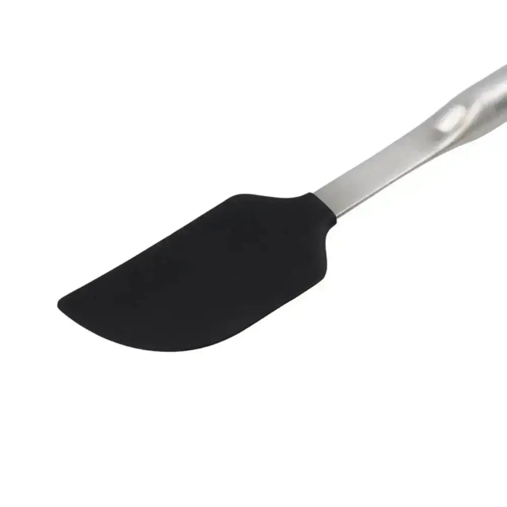 Black spatula with a silver handle on a white background