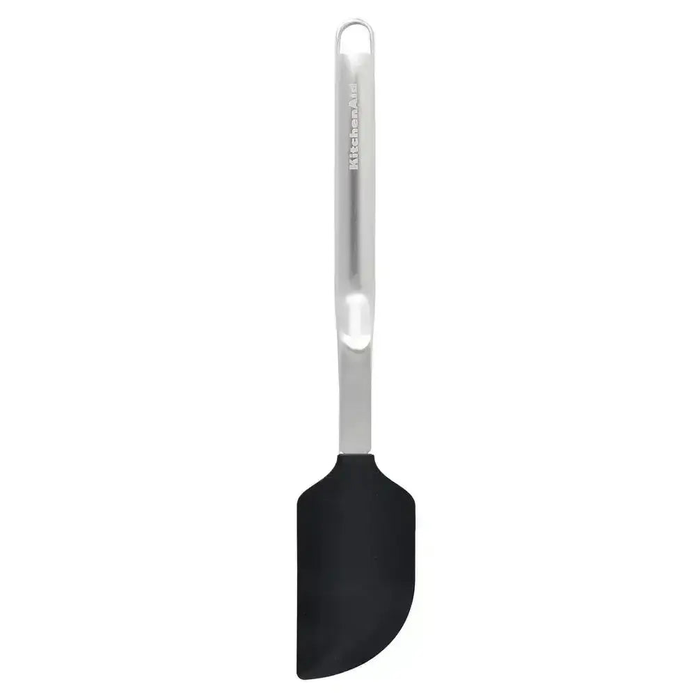 Black spatula with a silver handle on a white background
