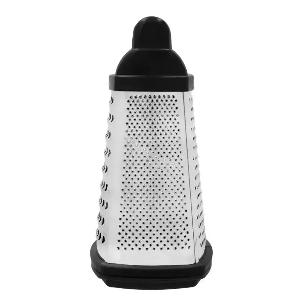 White handheld grater with black handle on a white background