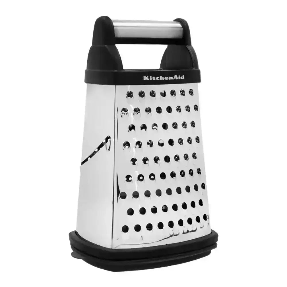 Box grater with black handle and base on a white background, featuring the KitchenAid logo.