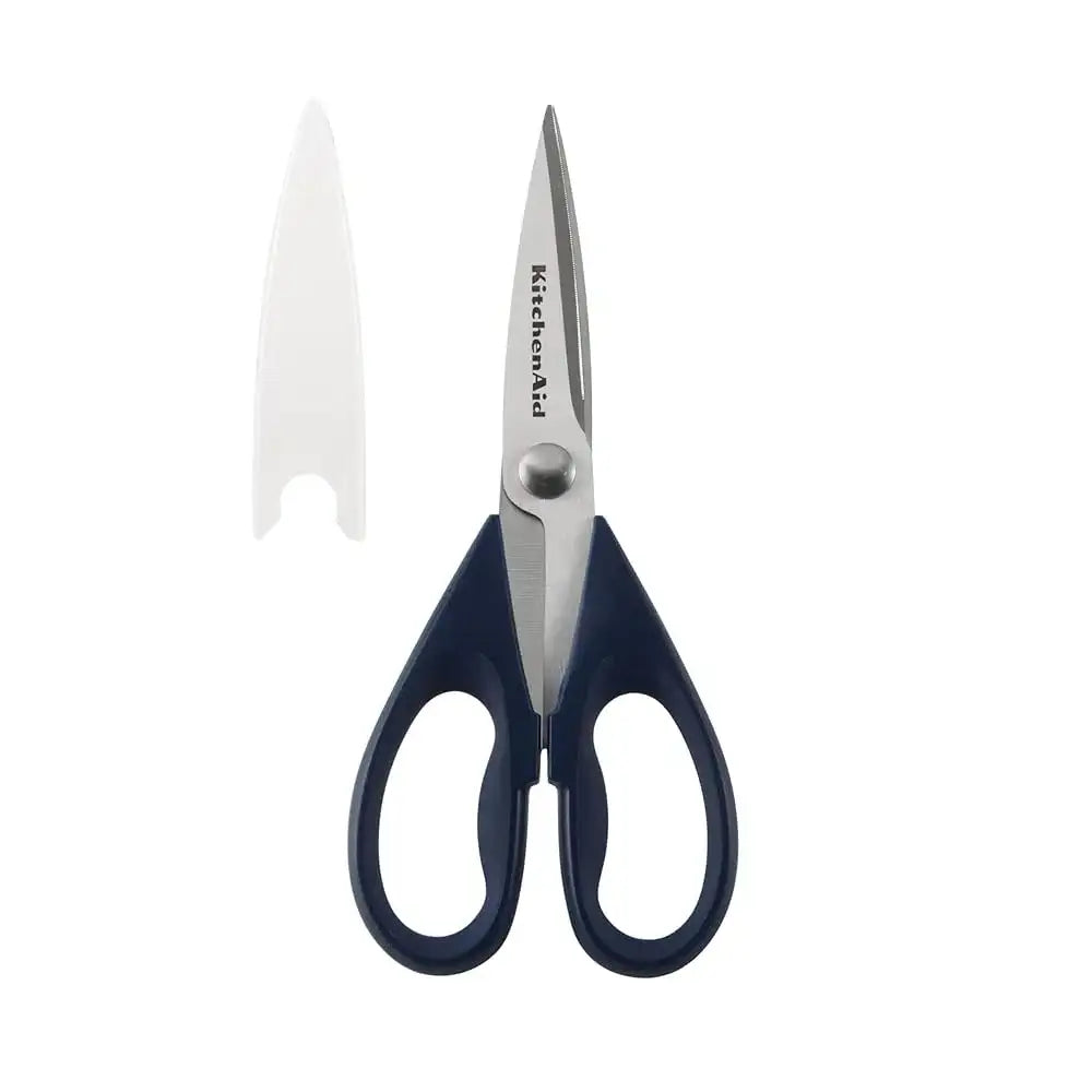 Pair of KitchenAid scissors with black handles on a white background