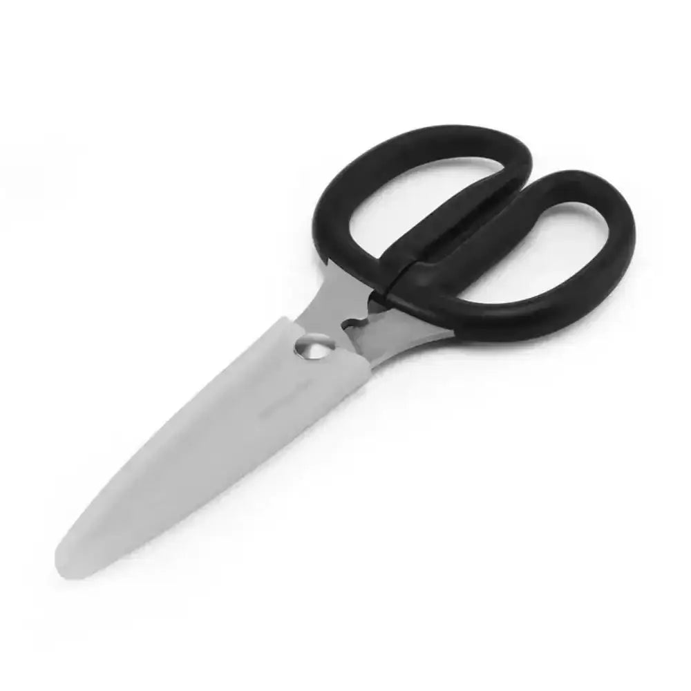 Pair of scissors with black handles on a white background