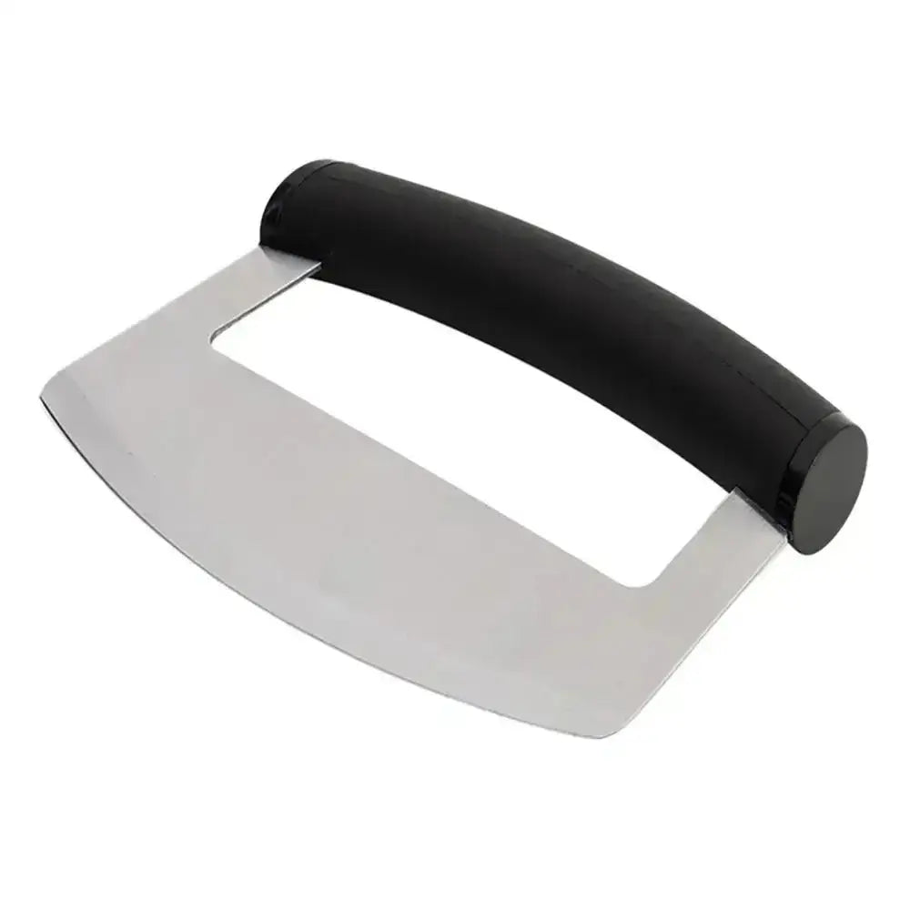 Metal cleaver with a black handle on a white background