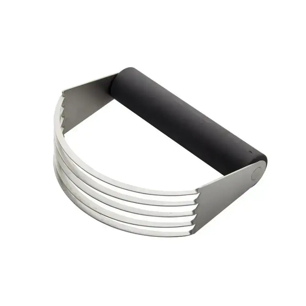 Metallic pastry blender with black handle on a white background