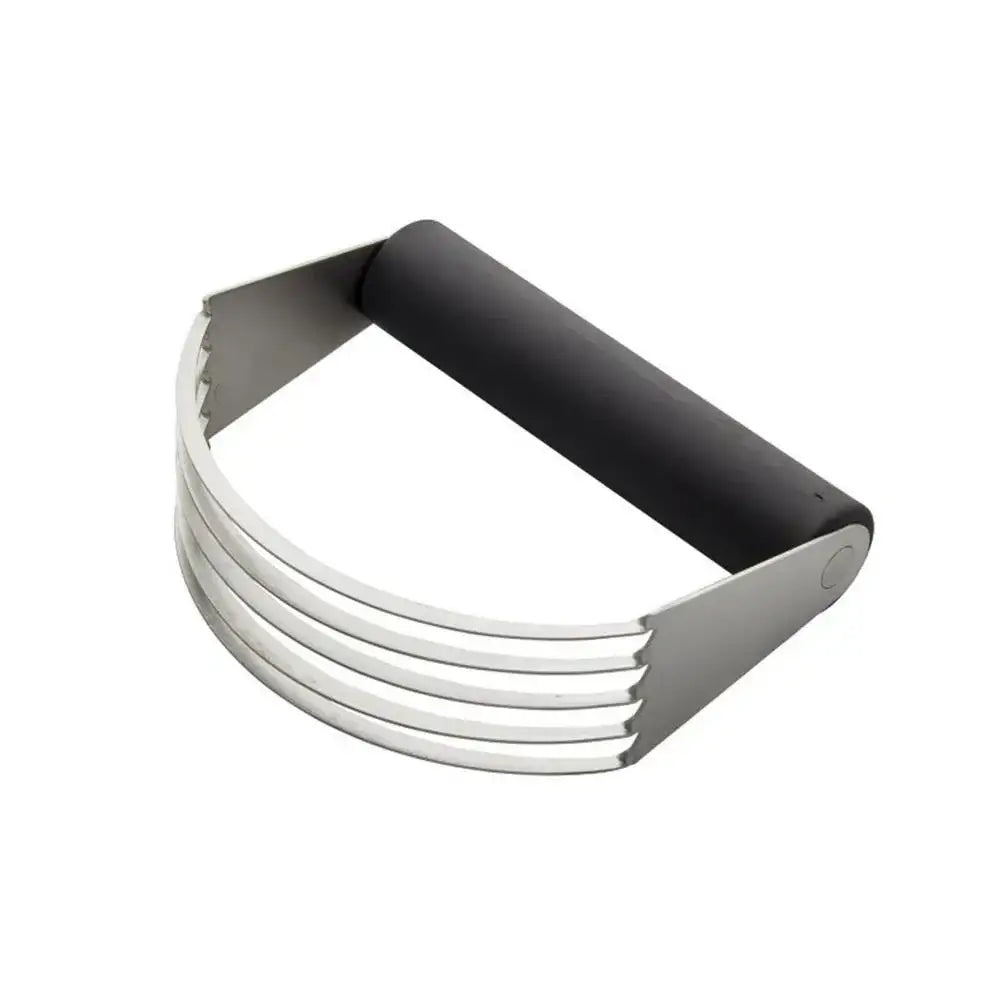 Metallic pastry blender with black handle on a white background