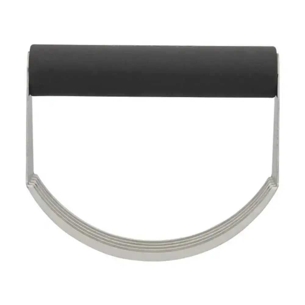 Metallic pastry blender from the side with a black handle on a white background