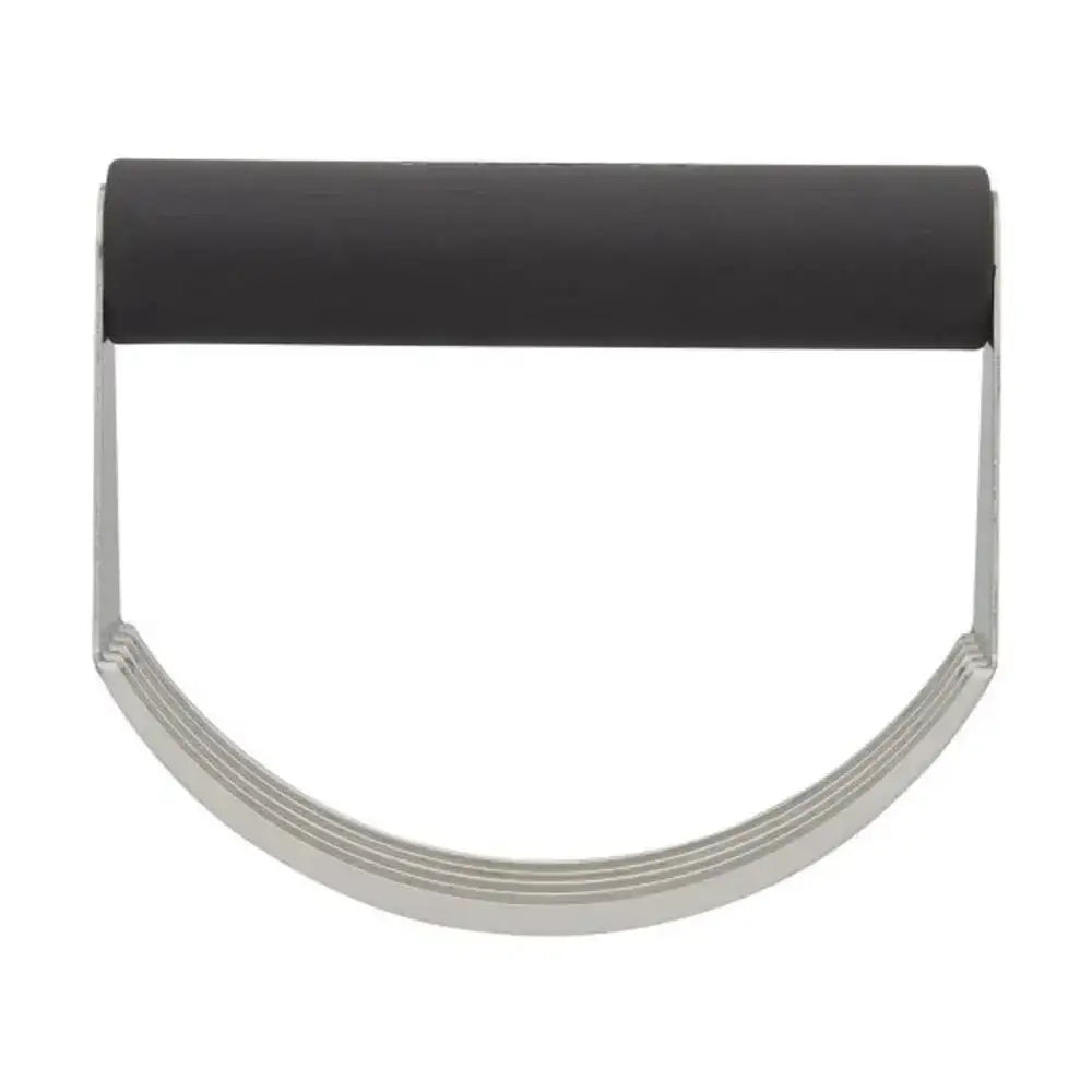 Metallic pastry blender from the side with a black handle on a white background