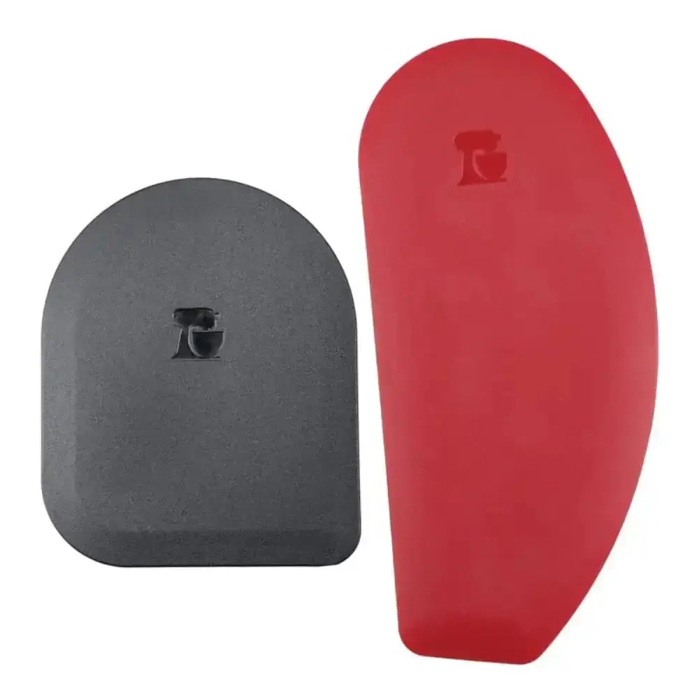 Two bowl scrapers, one gray and one red, on a white background.