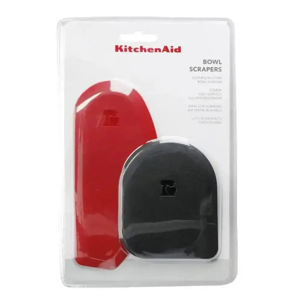 Packaged set of red and black bowl scrapers with KitchenAid branding.