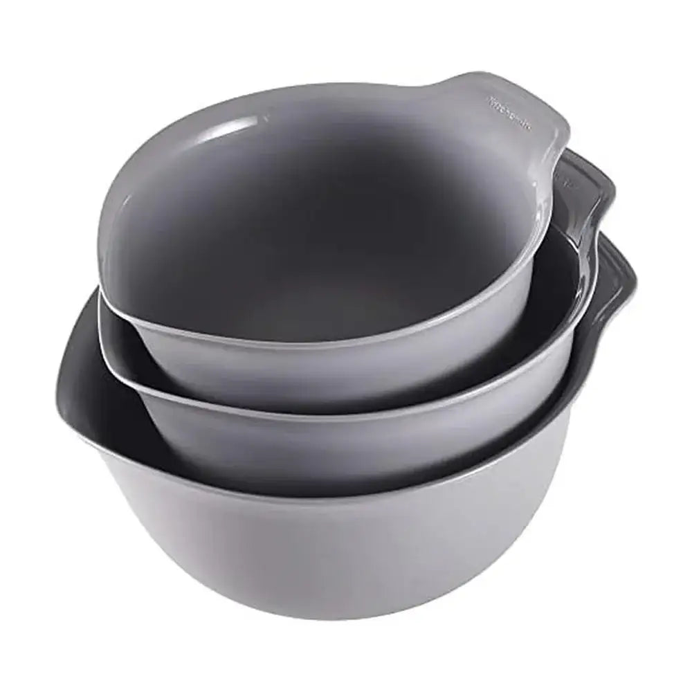 Set of three gray mixing bowls stacked on a white background