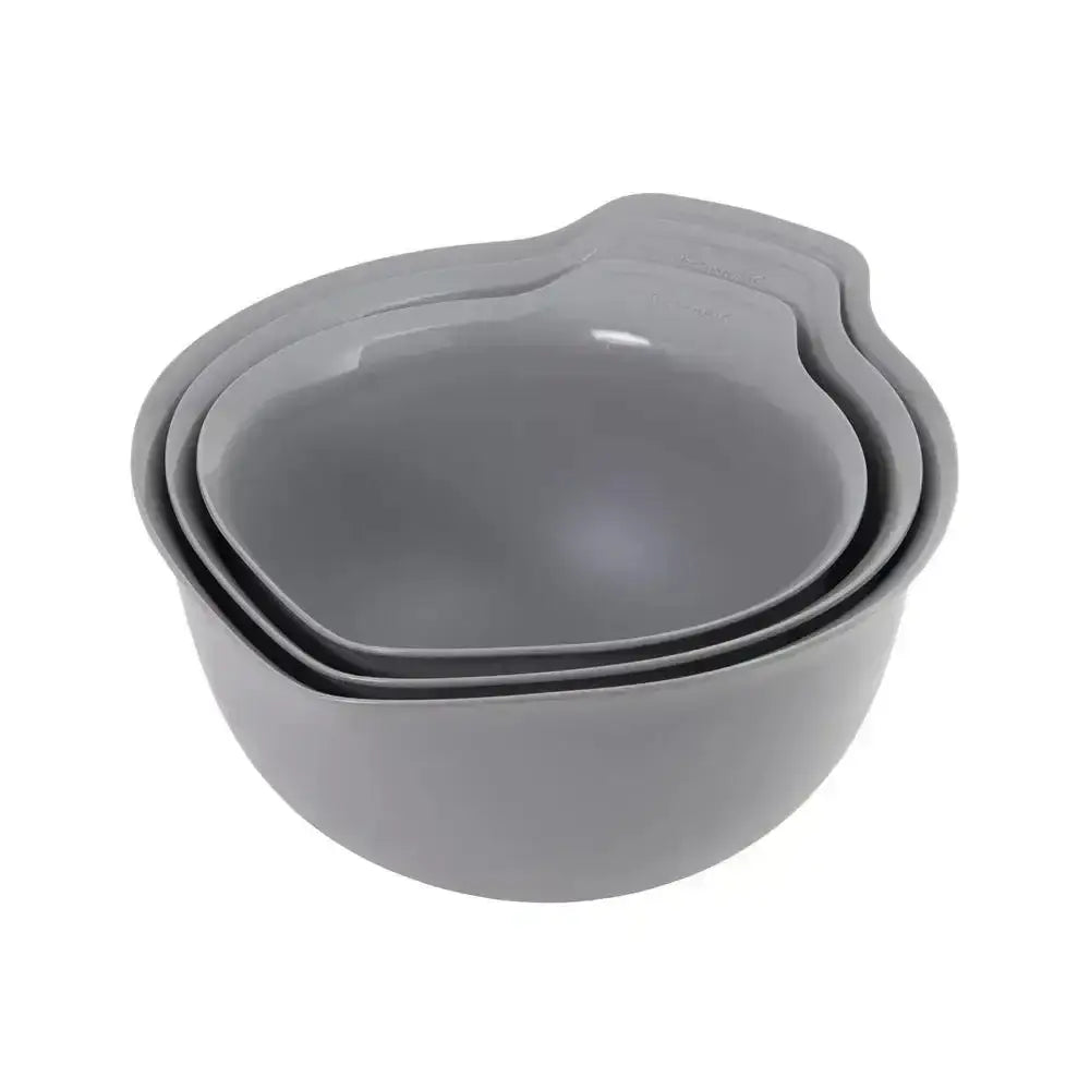Set of three gray mixing bowls on a white background