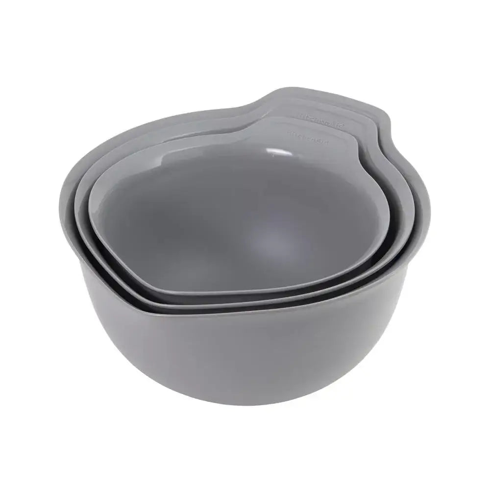 Set of three gray mixing bowls on a white background
