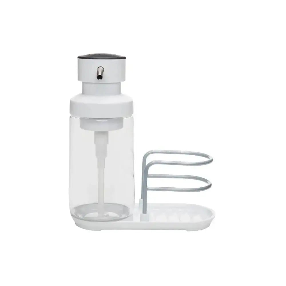 White kitchen spray bottle with holder on a white background