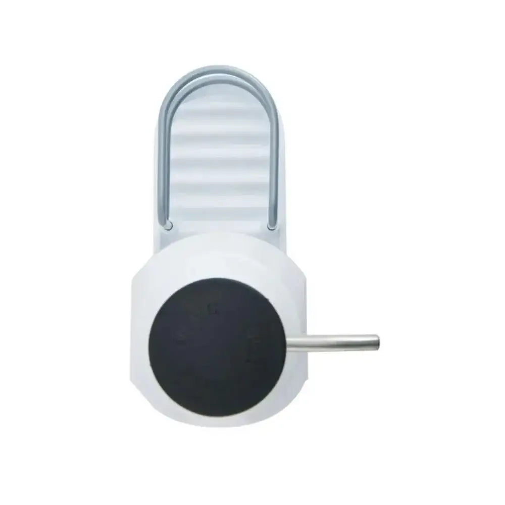 White electronic device with a black circular component on a white background