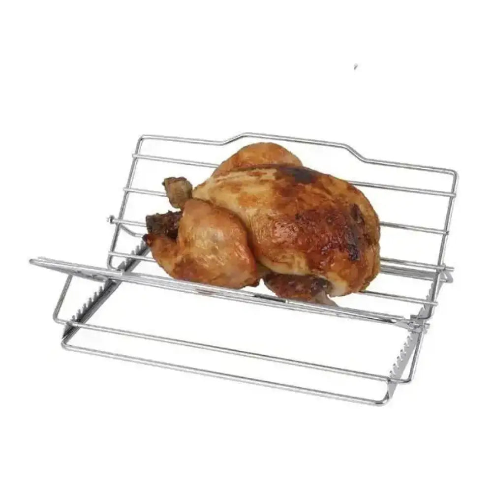 Roasted chicken on a metal rack against a white background