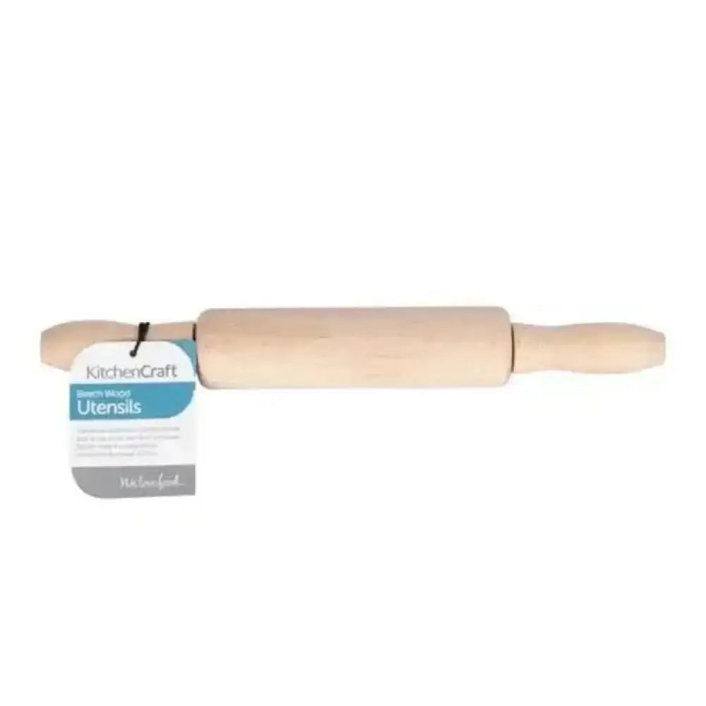 Wooden rolling pin with a KitchenCraft label on a white background