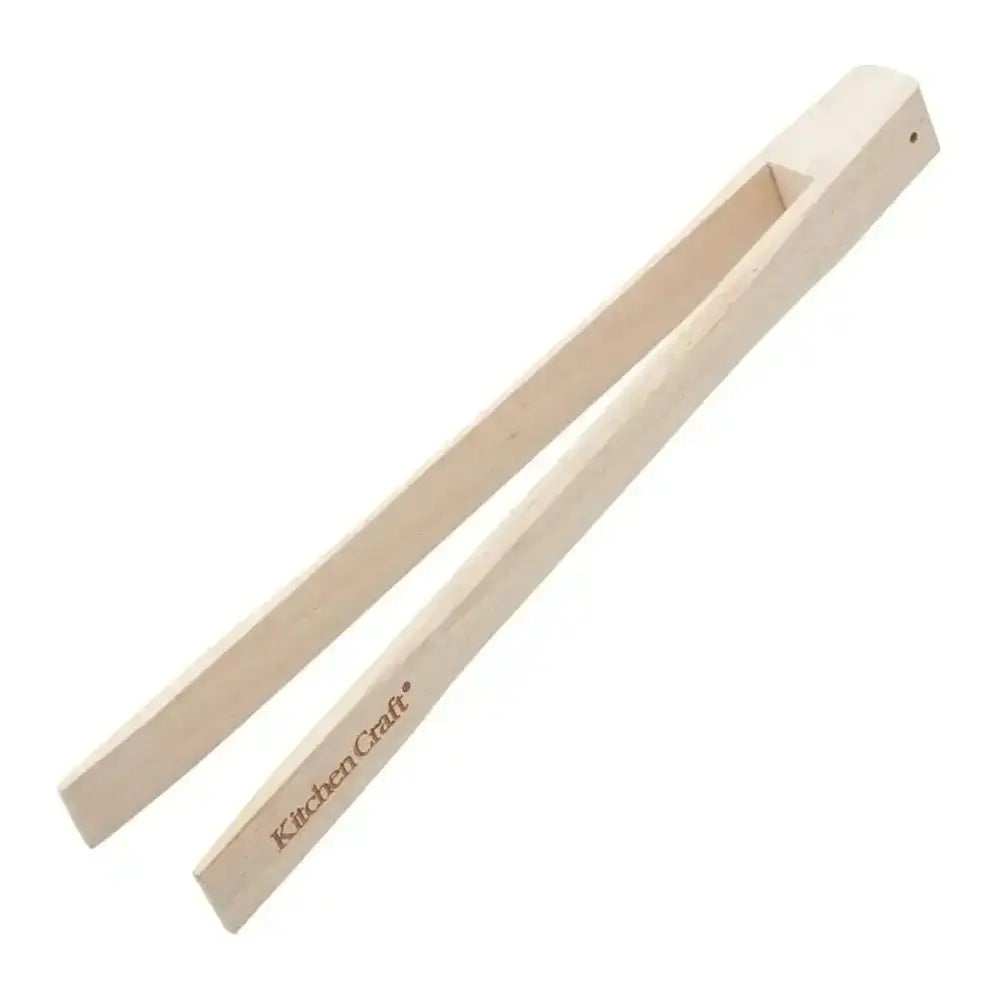 Wooden tongs with 'Kitchen Craft' branding on a white background