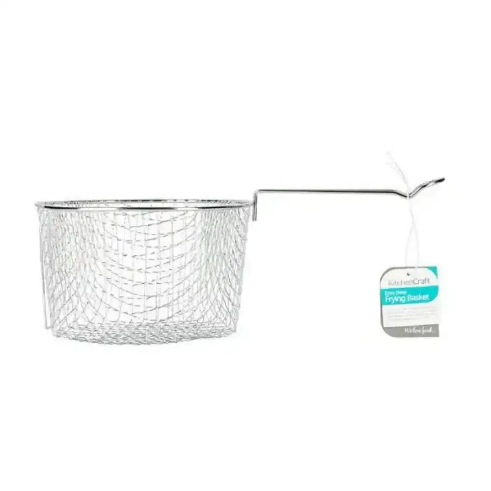 Metal frying basket with handle on a white background