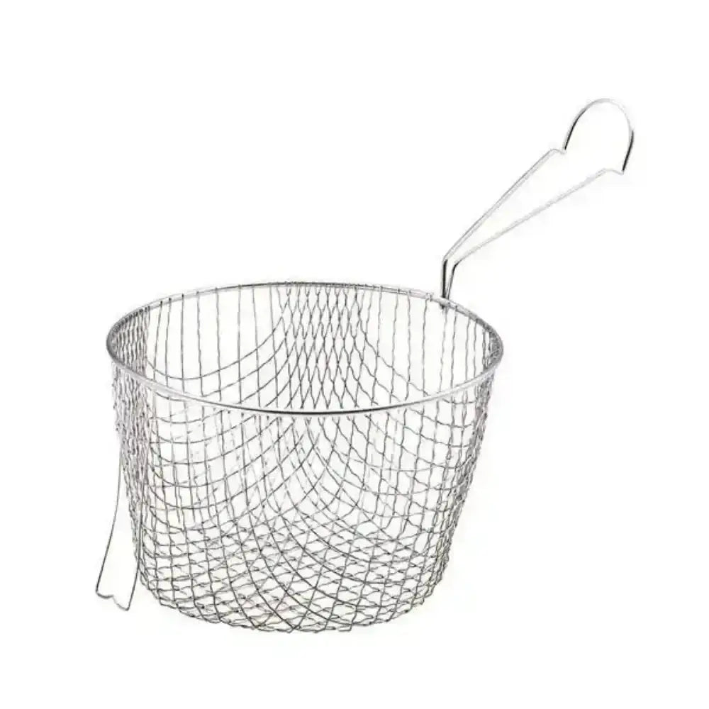 Metal wire frying basket with handle on a white background