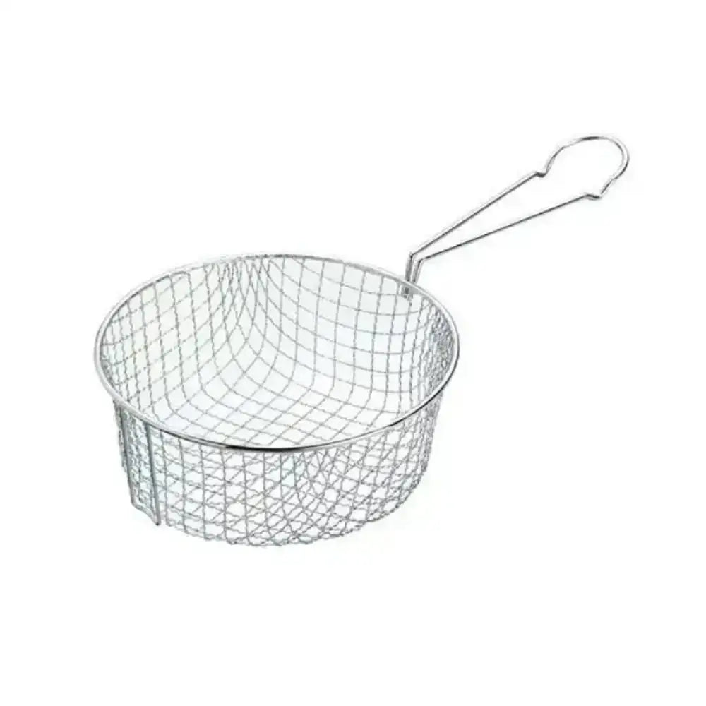 Metal wire basket with handle on a white background