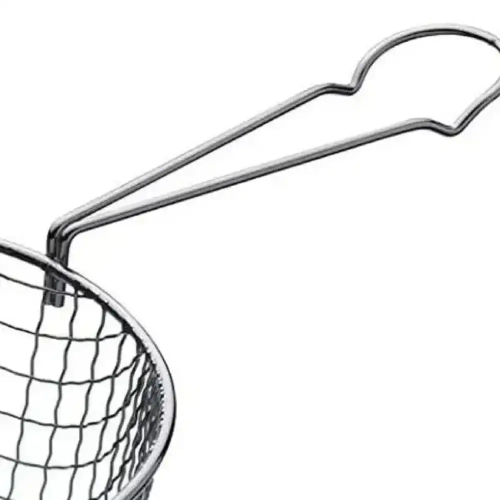 Metal mesh frying basket with handle on a white background