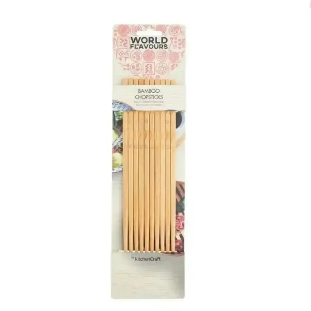 Packaged bamboo chopsticks with 'World Flavours' branding on a white background