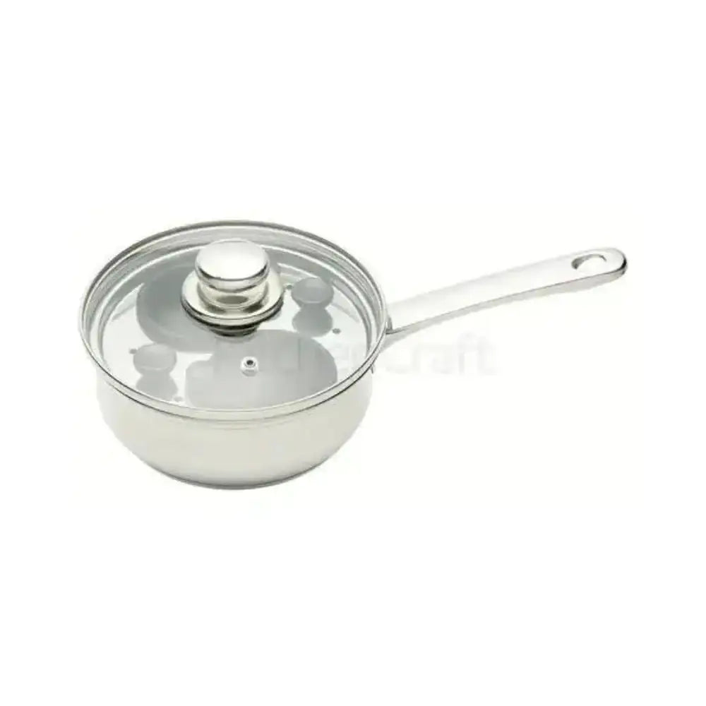 Stainless steel saucepan with glass lid on a white background