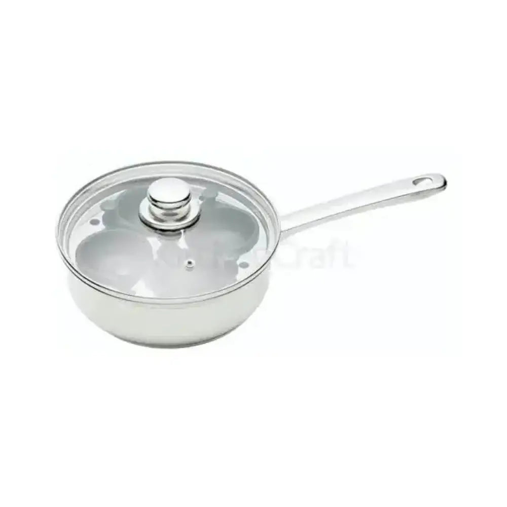 Stainless steel saucepan with glass lid on a white background