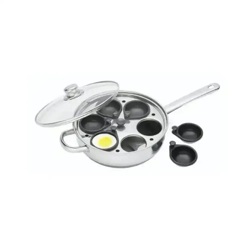Stainless steel egg poacher with six compartments on a white background