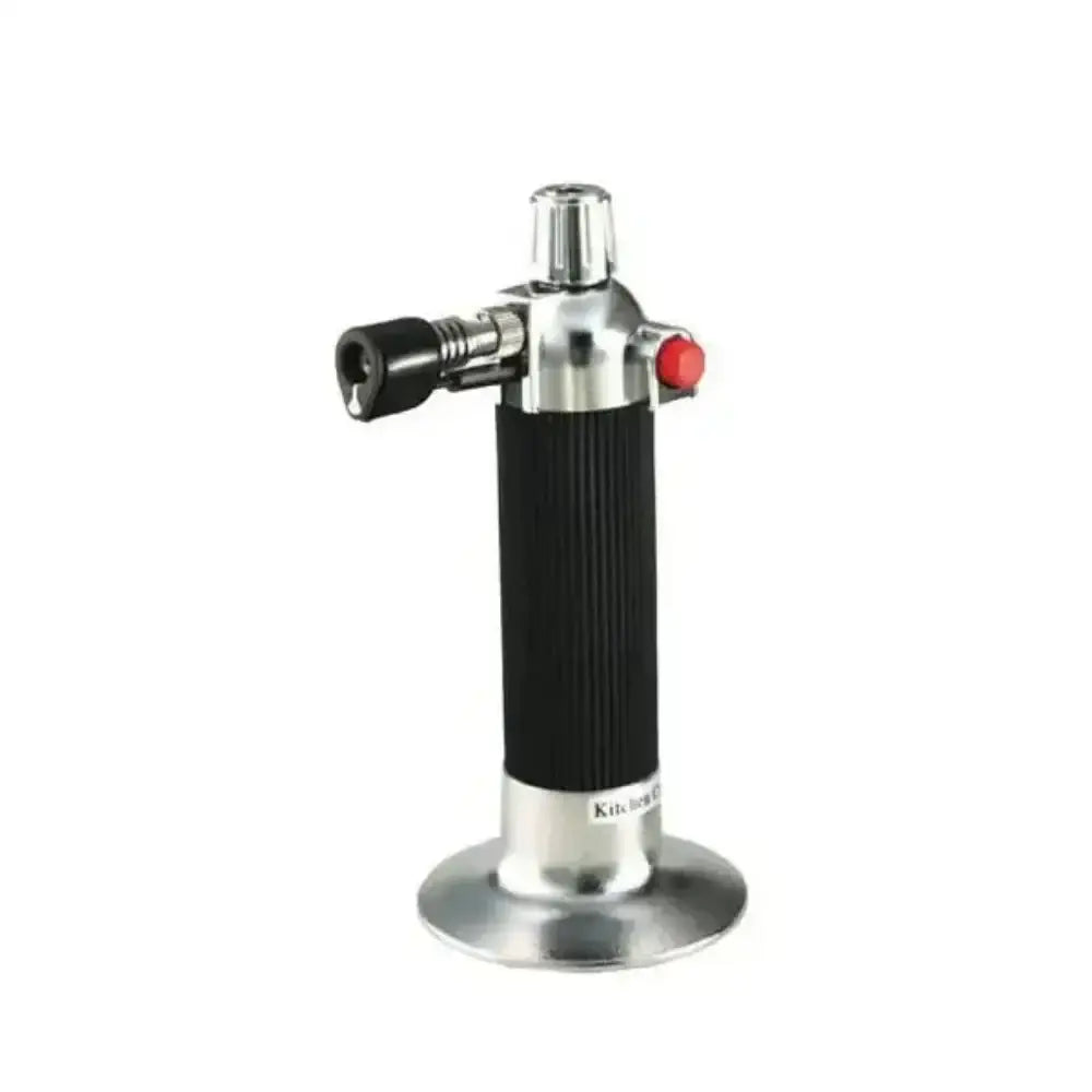 Butane torch with black and silver design on a white background