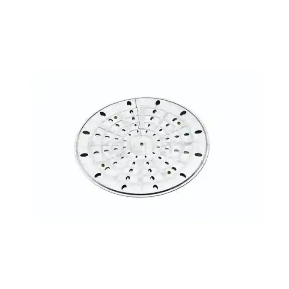Round metal strainer with holes on a white background