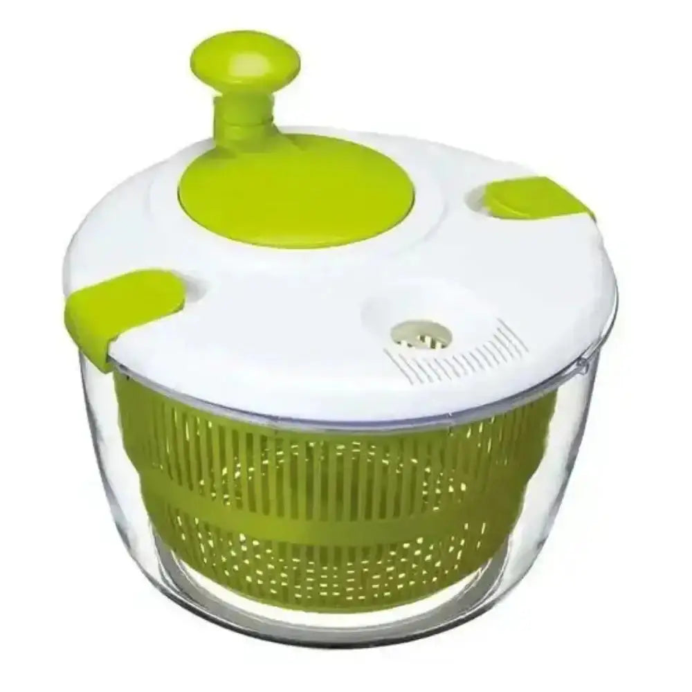 Green and white salad spinner on a white background