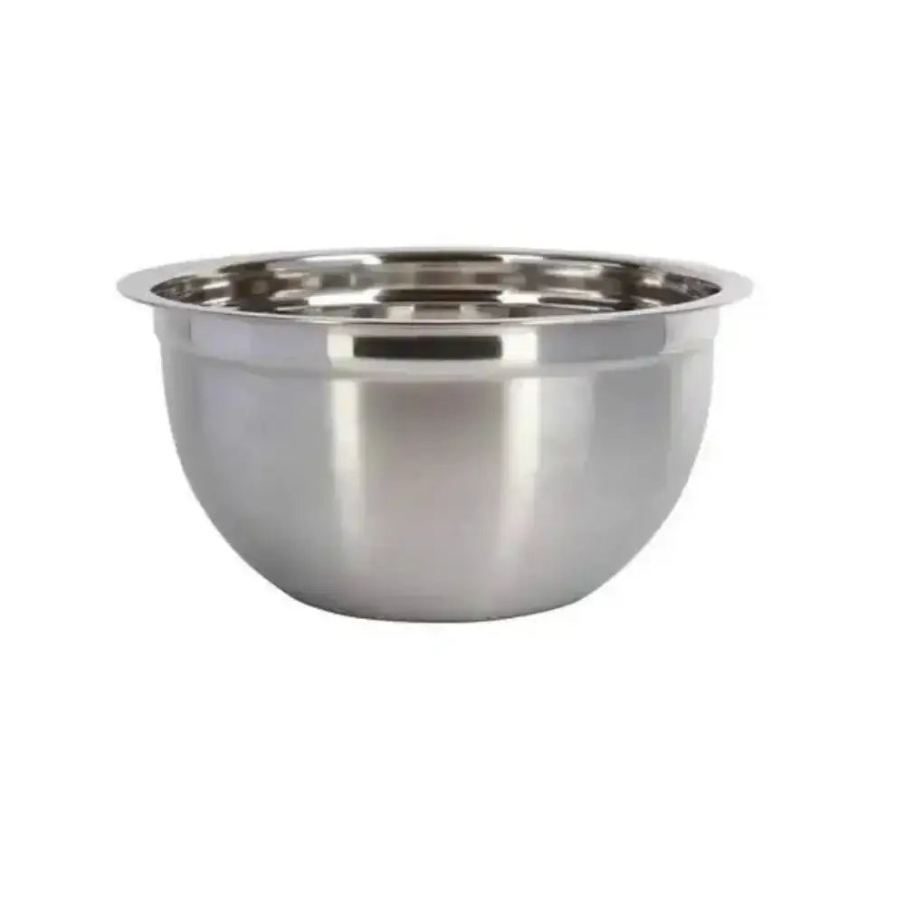 Stainless steel mixing bowl on a white background