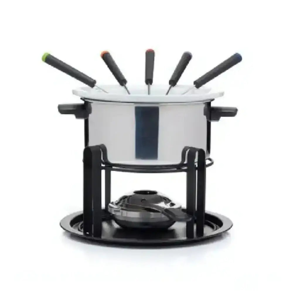 Stainless steel fondue pot with black holders on a white background