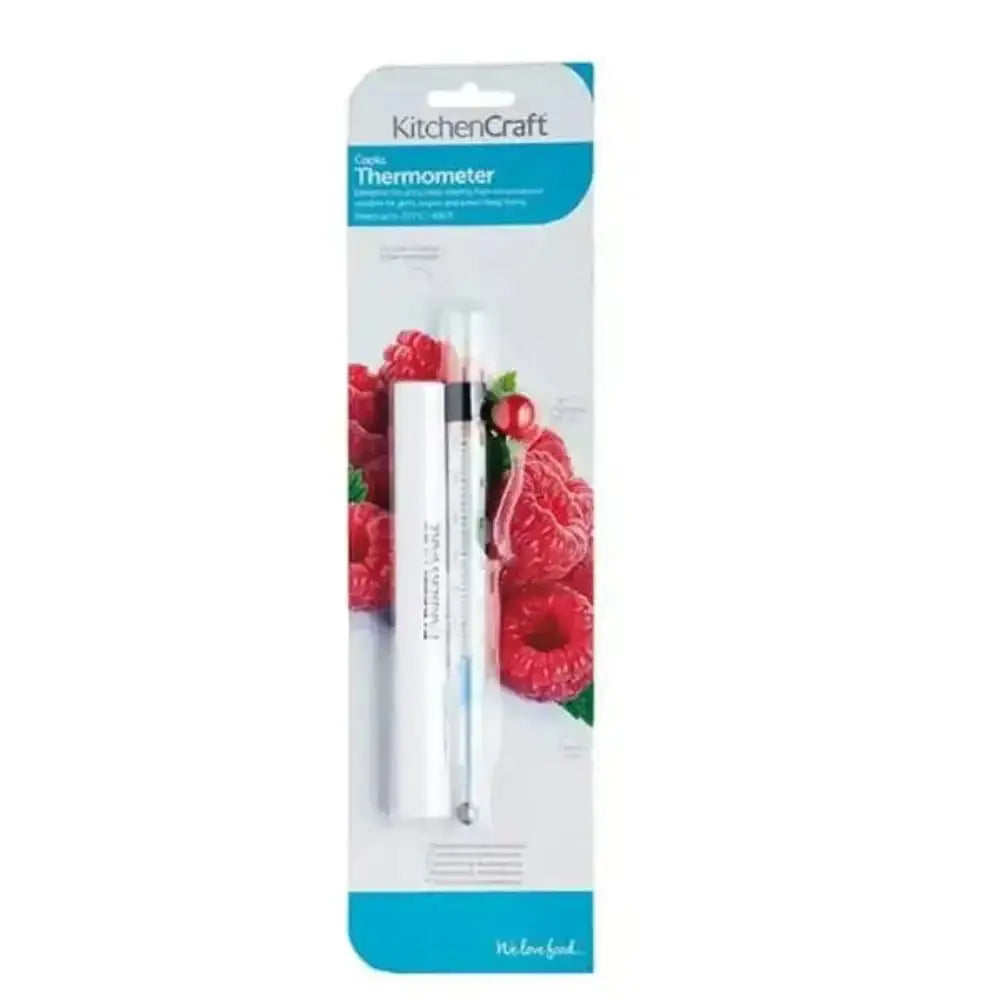 KitchenCraft candy thermometer packaging with raspberries on a white background