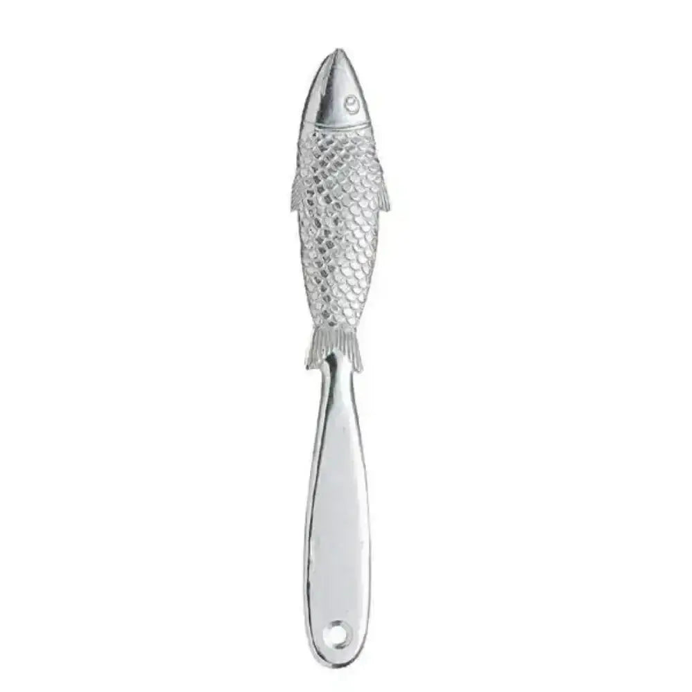 Silver fish-shaped tool on a white background