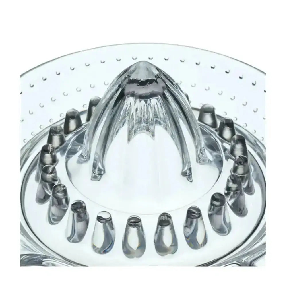 Clear glass citrus juicer on a white background
