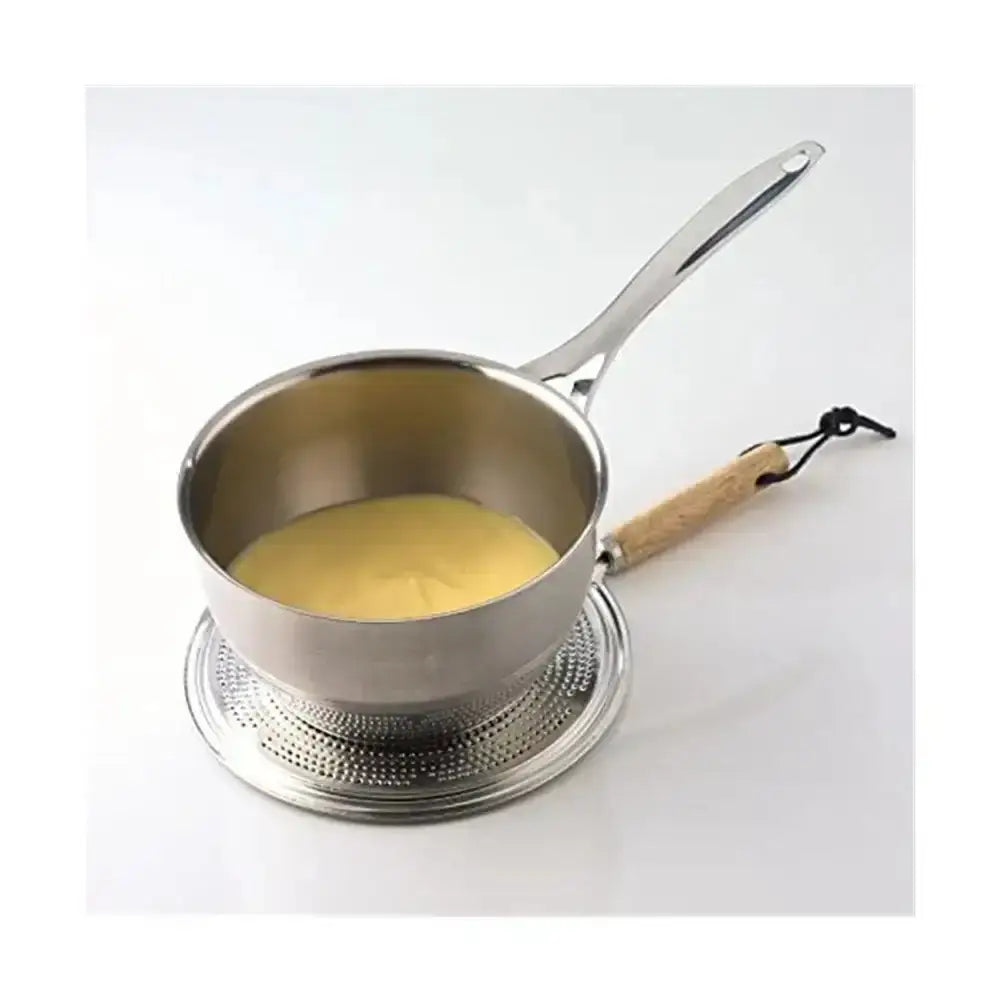 Small metal pot with wooden handle on a white background