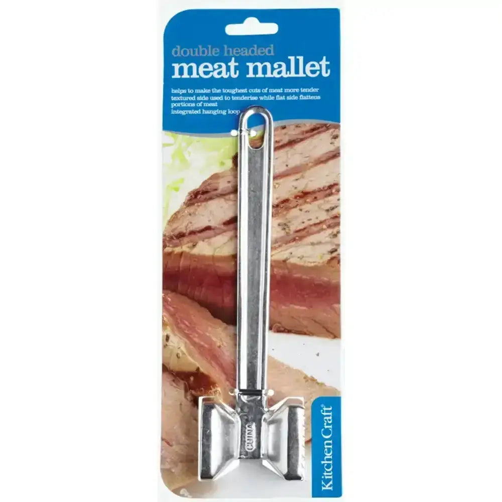 Double-headed meat mallet in packaging with images of meat and a white background