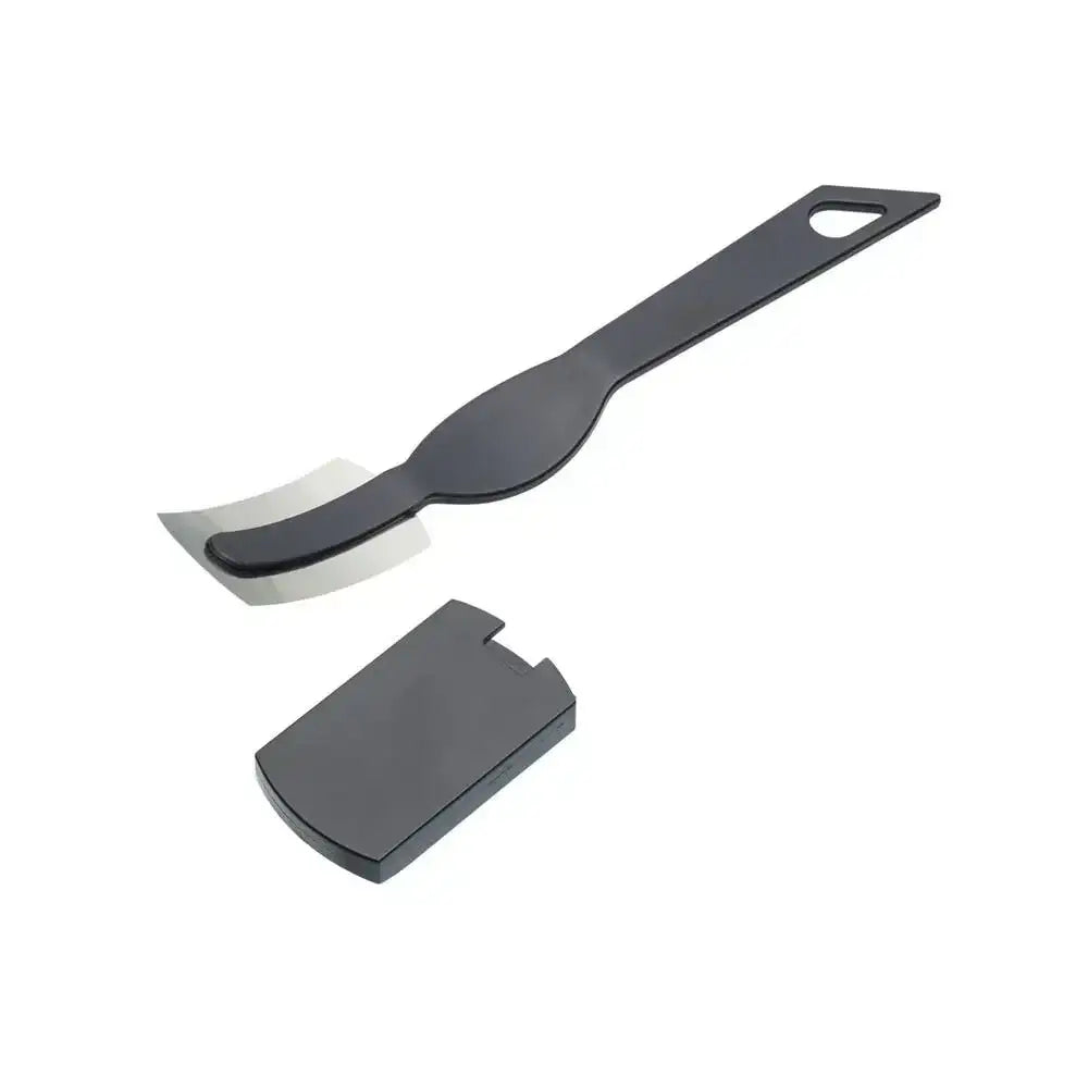 Black spatula with white blade on a white background