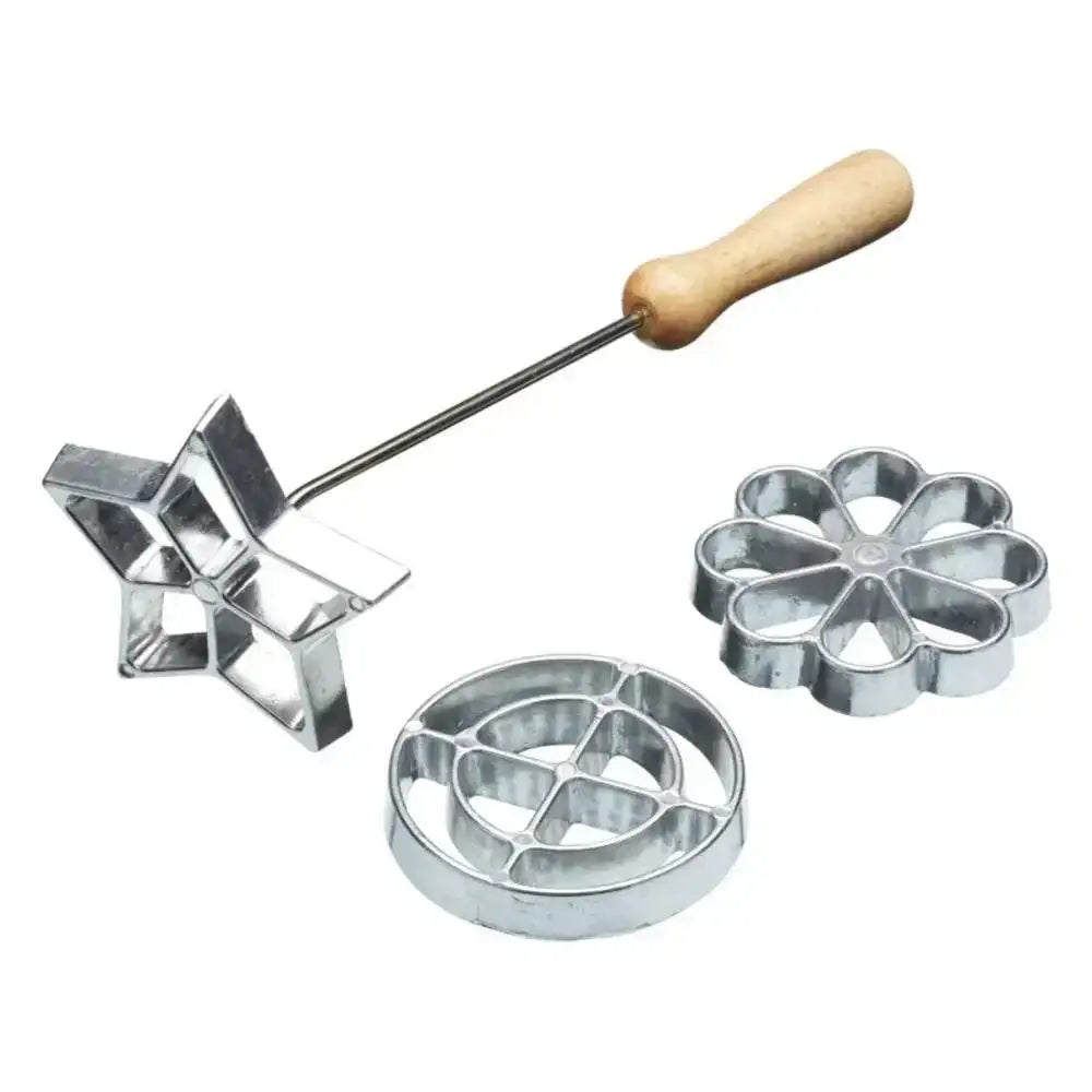 Set of metal cookie cutters with wooden handle on a white background