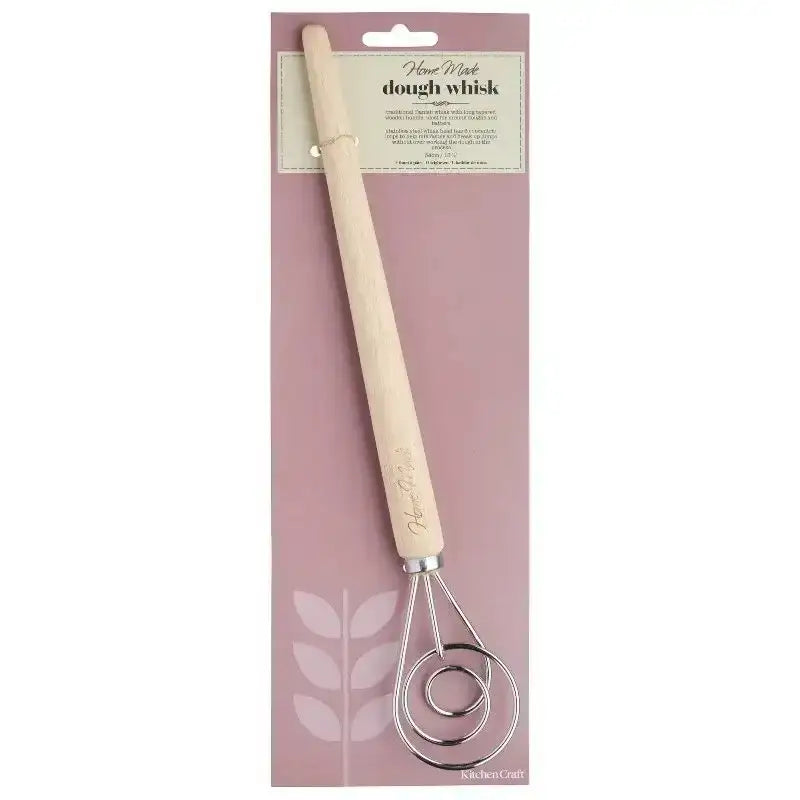 Dough whisk with wooden handle and metal whisk head on pink packaging