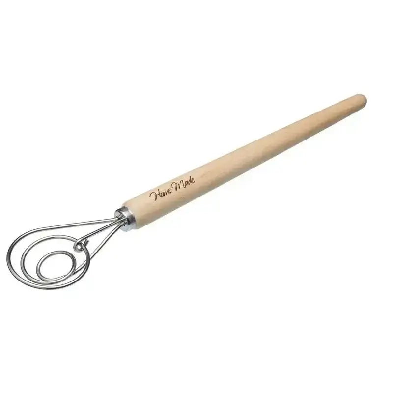 Wooden-handled whisk with metal whisking end on a white background