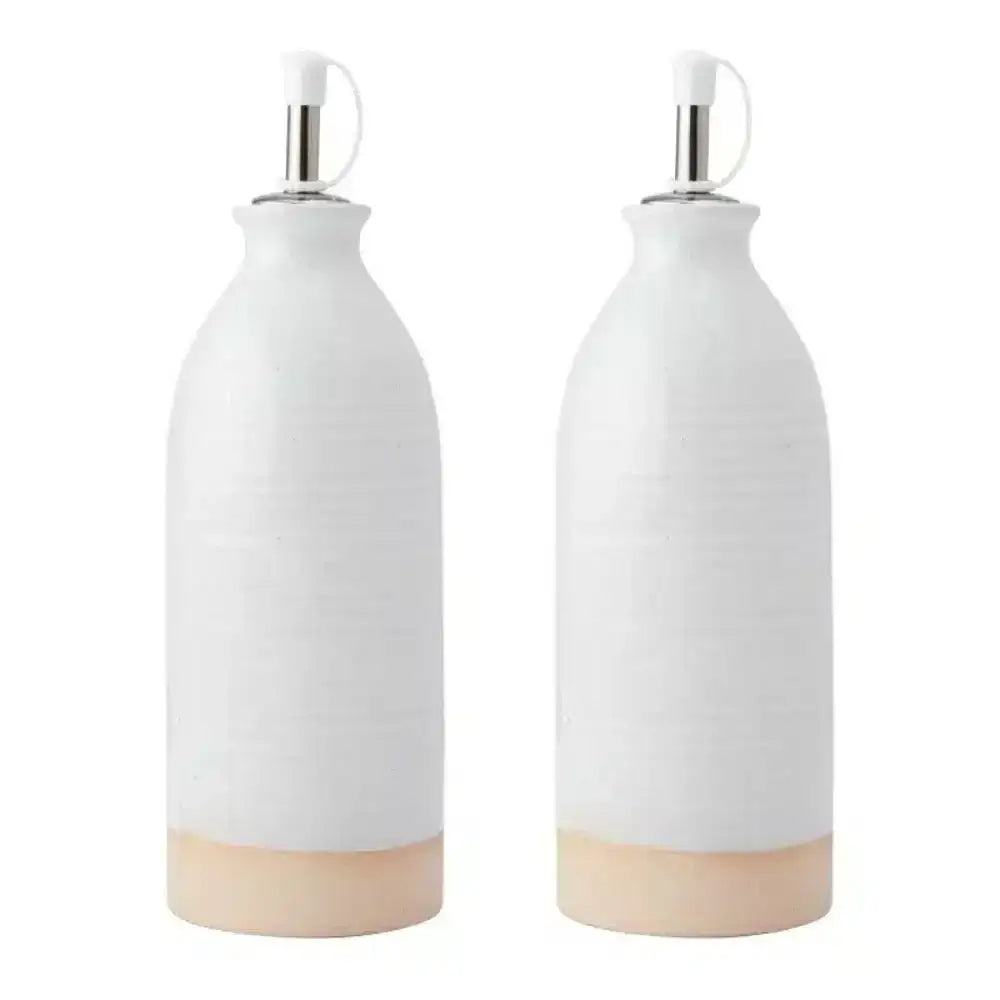 Ceramic oil and vinegar bottles set of two with cream finish and pour spouts