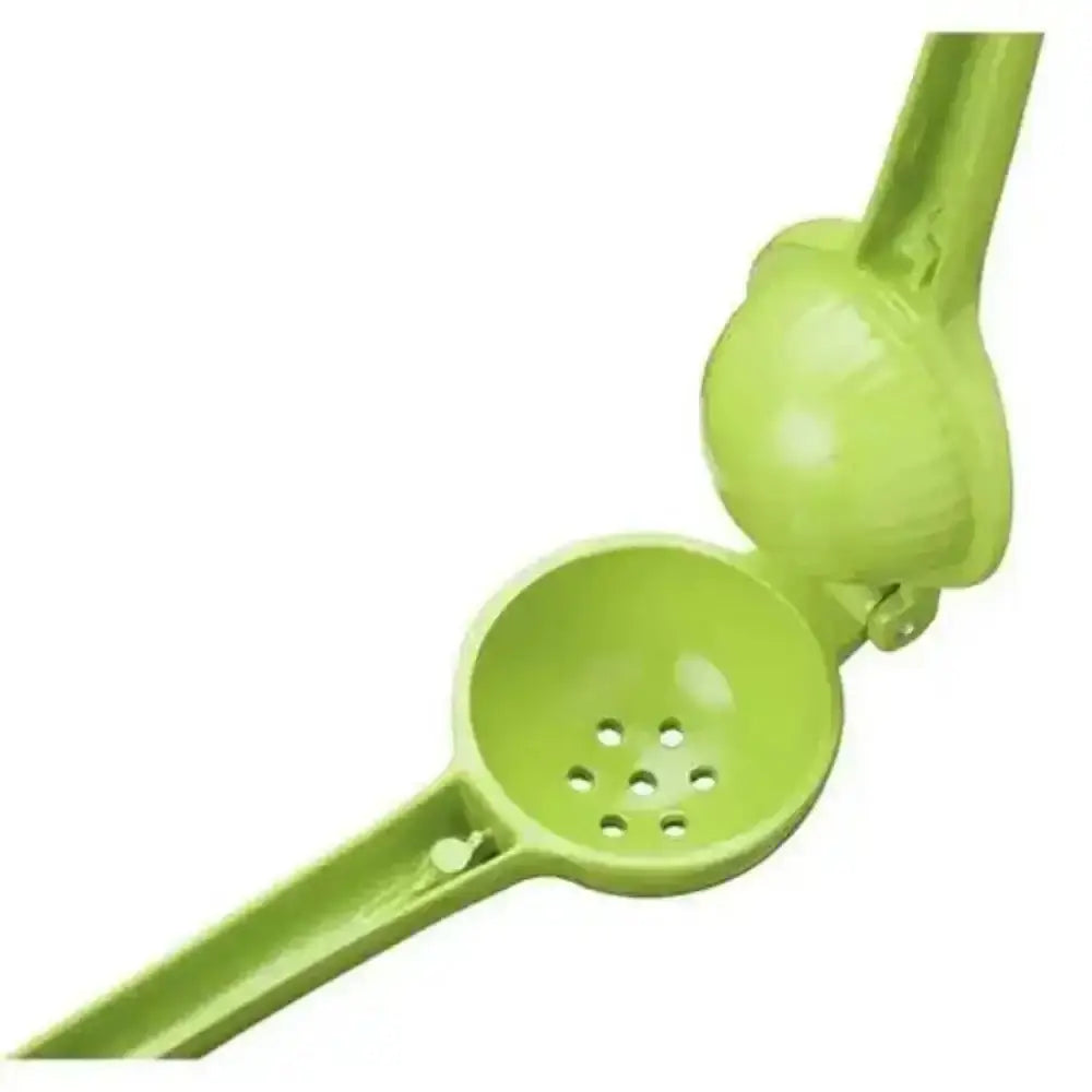 Green kitchen tool with a handle and perforated bowl on a white background