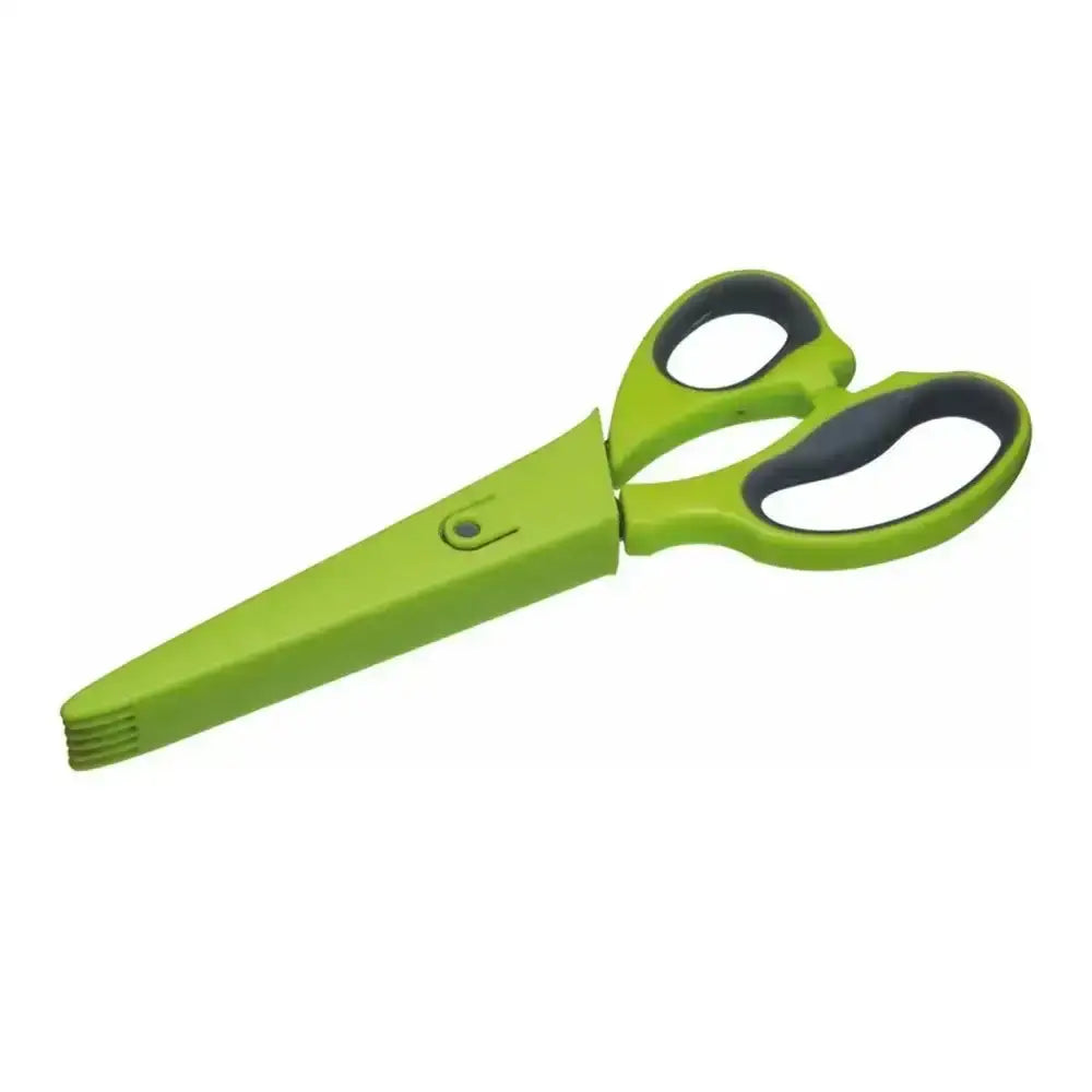 Green scissors with black handles on a white background