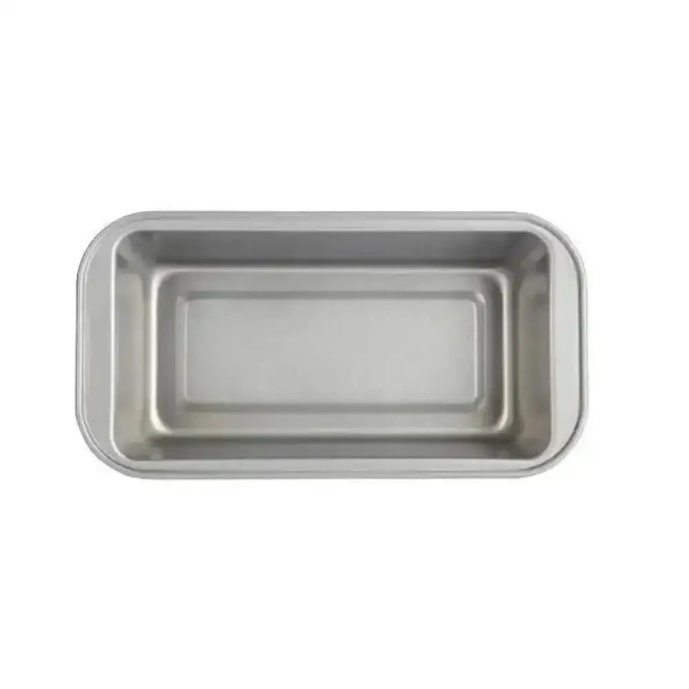 Stainless steel loaf pan on a white background
